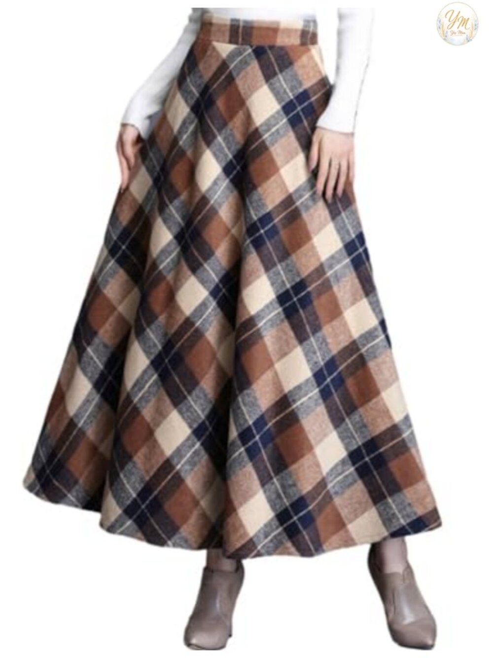 Women's Plaid Wool A-Line Pleated Tartan Long Winter Skirt